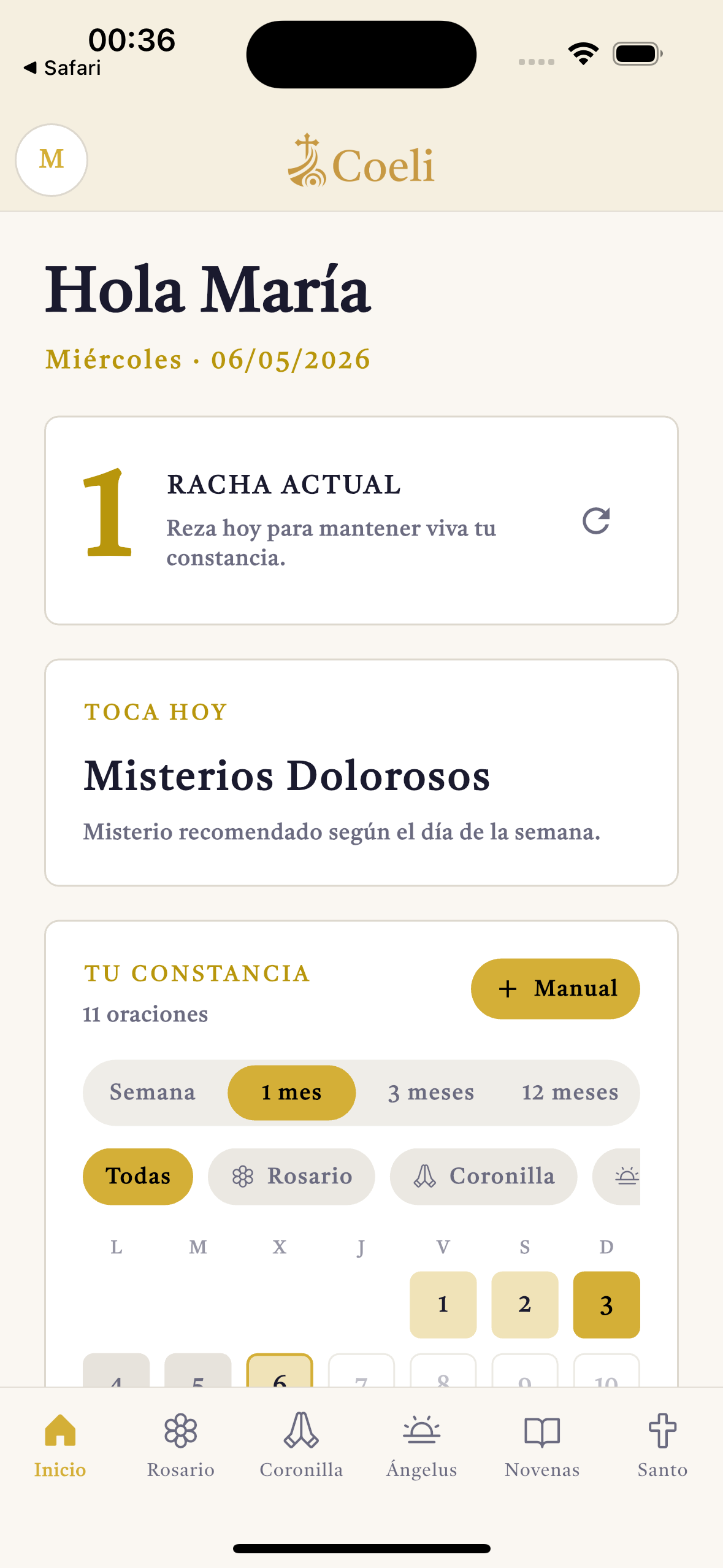 Pantalla principal de Coeli con el Rosario, la Coronilla y el resumen de tu vida de oración.